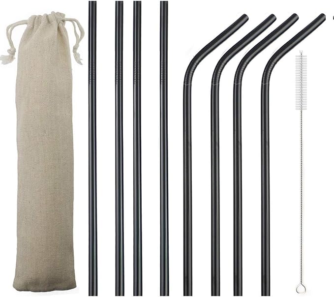 JASHII 2 Set Reusable Portable Metal Straws Stainless Steel Eco-friendly Drinking Straw with Travel Cloth Bag (4 Bent 4 Straight 2 Brush),Black