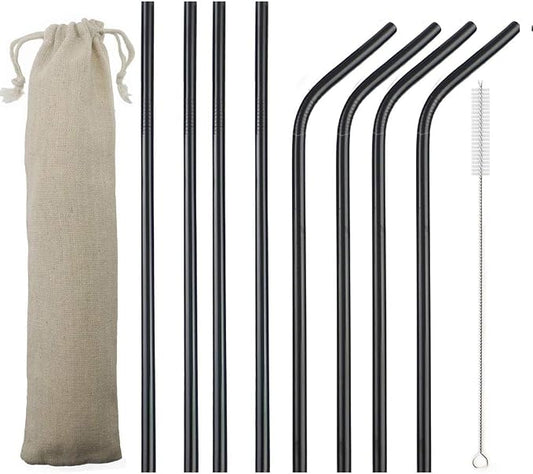 JASHII 2 Set Reusable Portable Metal Straws Stainless Steel Eco-friendly Drinking Straw with Travel Cloth Bag (4 Bent 4 Straight 2 Brush),Black