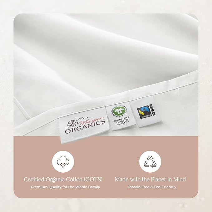 Whisper Organics, 100% Organic Cotton Sheets - 300 Thread Count Bed Sheets Set - Premium Quality Sheets - Deep Pocket Sheet Set - GOTS Certified, White (Queen Size)