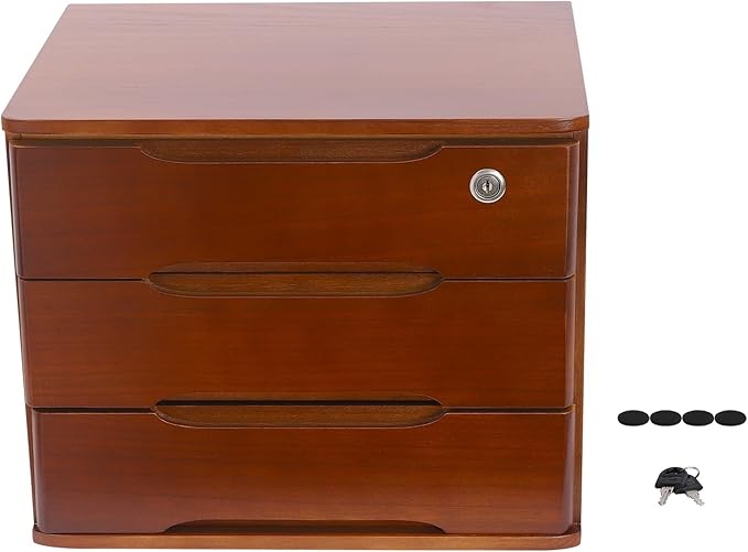 3 Tier Desktop Organizer Storage Box, Solid Wood Storage Box with Lock, Desk Drawers Organizer and Accessories, for Home, Office, Stationery, Crafts, Junk & Supplies, Walnut