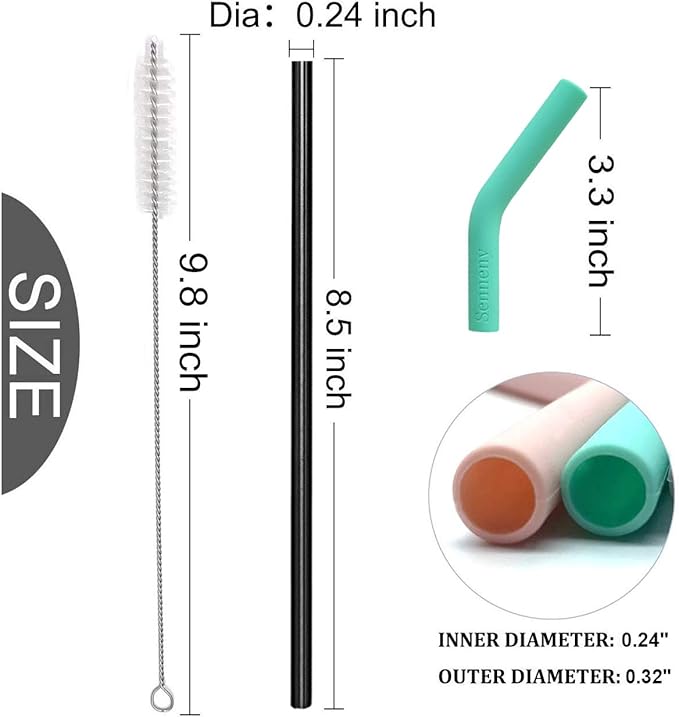 Senneny Set of 5 Stainless Steel Straws with Silicone Flex Tips Elbows Cover, 2 Cleaning Brushes and 1 Portable Bag Included (Black)- 6mm diameter