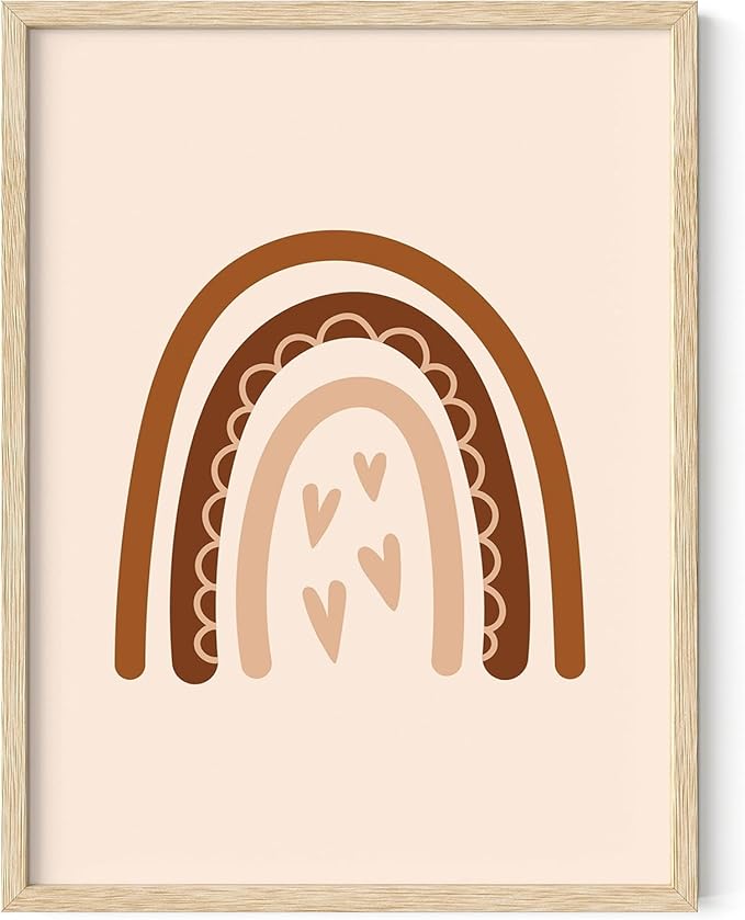 Boho Nursery Rainbow Wall Art with Hearts Earth Tones Terracotta Brown Scandi Minimalist Style 12x16 Inch Oak Wood Beige Framed Playroom Decor Print for Kids Room