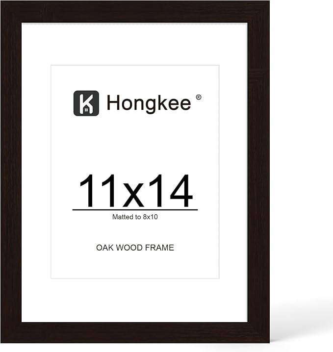 Hongkee 11x14 Oak Wood Picture Frame, Display Photos 8 x 10 with Mat or 11 x 14 without Mat - Tempered Glass Cover, Horizontal and Vertical Display for Wall or Tabletop (Black, Set of 1)