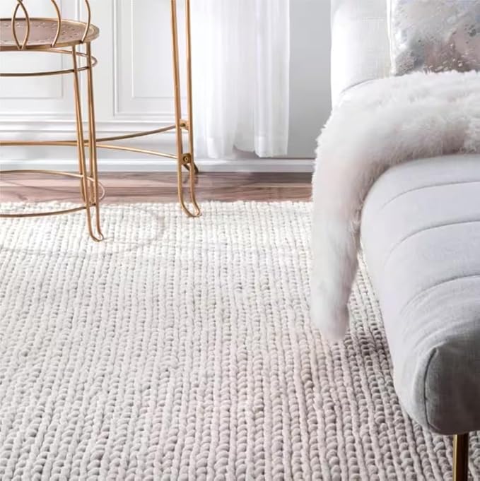 FRELISH DECOR Wool Cotton Area Rug for Living Room and Bedroom, 5'x8' Handwoven Braided Chunky Knit Cable Rugs, Farmhouse Contemporary Area Rug: Wool Ivory Premium