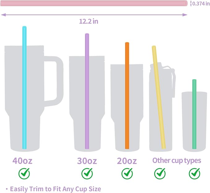 6 Pack Reusable Silicone Straws Compatible with Stanley 40oz 30oz 20oz Tumblers, 12.2" Long x 0.374" Diameter BPA-Free Drinking Straws with 2 Cleaning Brushes, Flexible Cuttable Teeth-Friendly
