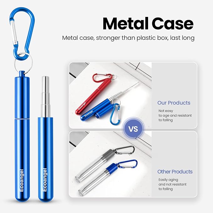 Ecoangel Cruise Ship Essentials,4-Pack reusable Collapsible Stainless Steel Drinking Straws with Aluminum Case,Cleaning Brush,and Keychains （Black & rose gold & blue & gold）
