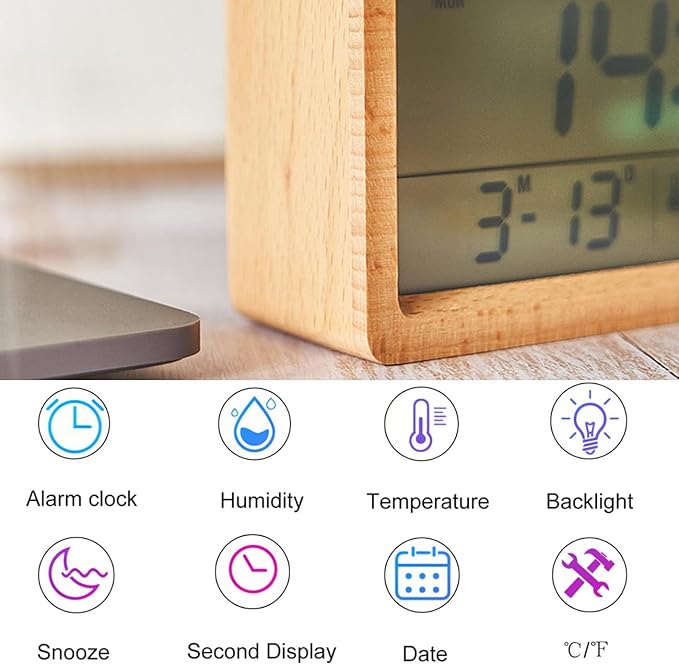 Electronic Wooden Alarm Clock with LCD Large Display Temperature Humidity Soft Nightlight Date Week 12/24 Hour Switch Snooze Mode Easy to Use for Students Office