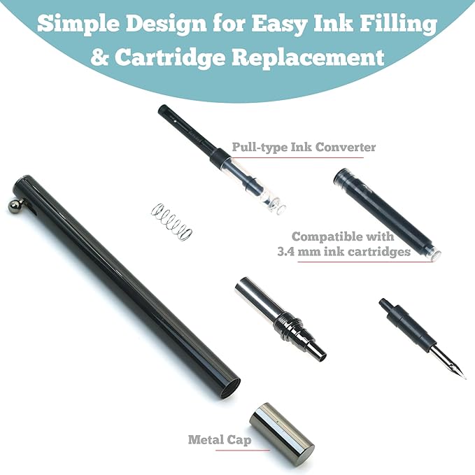 Retractable Fountain Pen – 0.38 mm Extra Fine Nib Fountain Pen, Smooth Fancy Pens with Converter, 6 Ink Cartridges & Gift Pouch for Writing (Glossy Black)