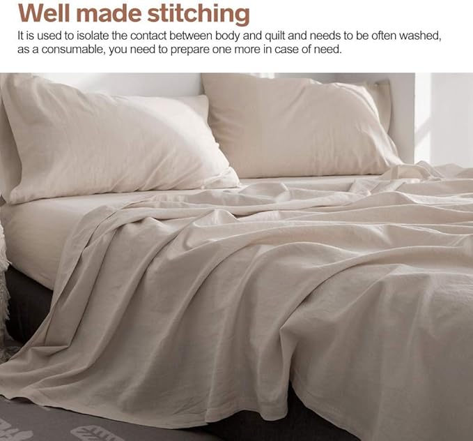 BISELINA Linen Sheet French Flax Flat Sheet Only 55% Euro Flax 45% Cotton Basic Style Solid Color Soft Breathable Farmhouse Top Sheet 1-Piece (Queen, Linen)