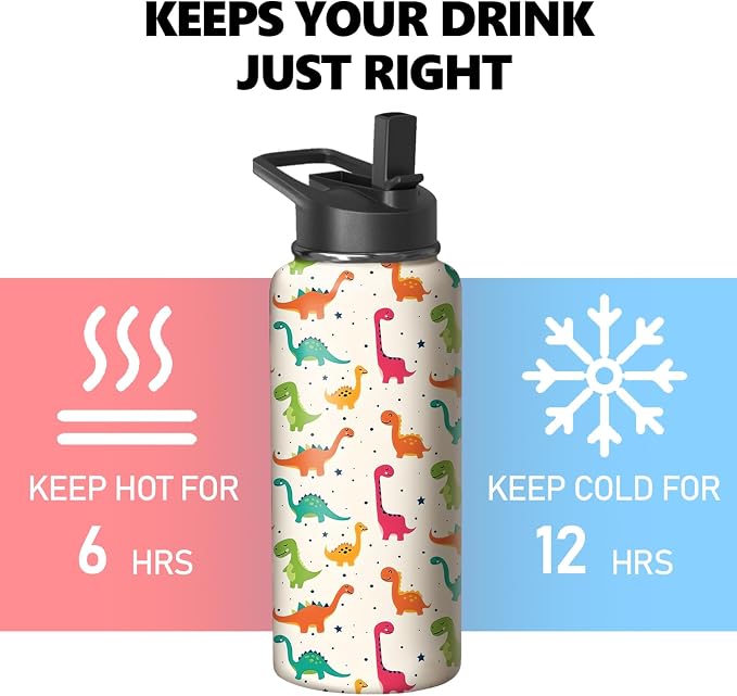 32oz Cute Dinosaur Water Bottle with Handle and Flip Straw, Animal Sports Stainless Steel Insulated Cup Travel Coffee Mug Tumbler, Birthday Mothers Day Chritmas Gifts for Women