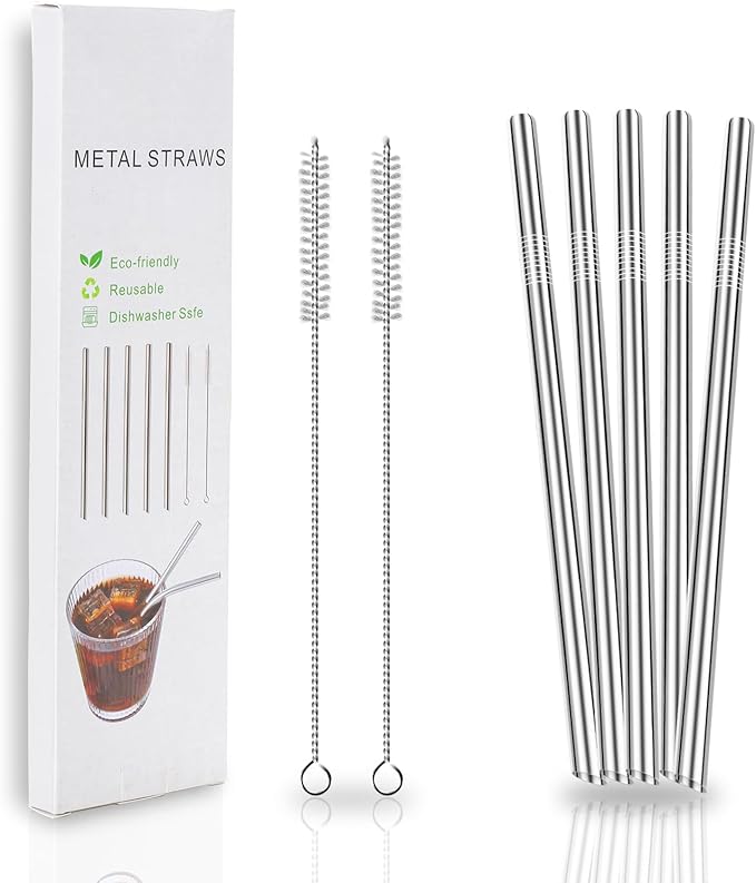 Lazycorner 5 Pcs Stainless Steel Smoothie Straws, 0.4'' Extra Wide Reusable Metal Drinking Straws for Milkshake, Smoothie, Beverage, Set of 5 with 2 Cleaning Brush