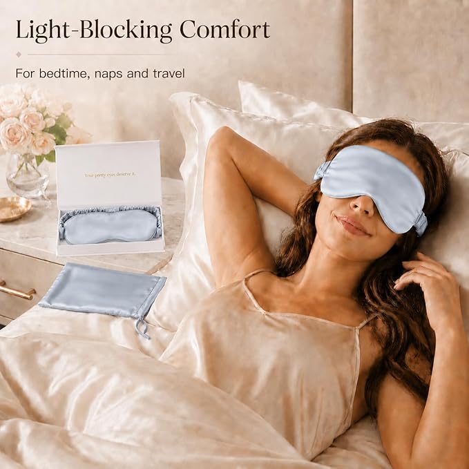 Silk Sleep Mask Light Blocking Luxury 19mm Silk Eye Mask 100% Mulberry Eye Cover Blindfold Ultra Soft Light and Comfy Anti Aging Skin Care with Travel Bag Gift Package