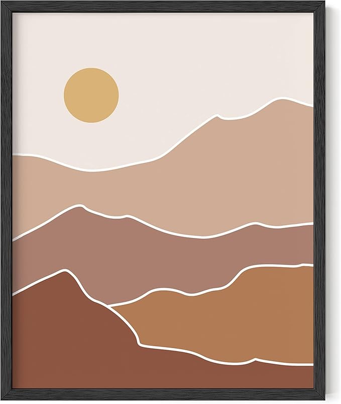 Abstract Mountain Landscape Wall Art Sun Rolling Hills Earth Tones Terracotta Mid Century Modern 16x20 Inch Oak Wood Black Framed Minimalist Scenery Print for Nursery Decor