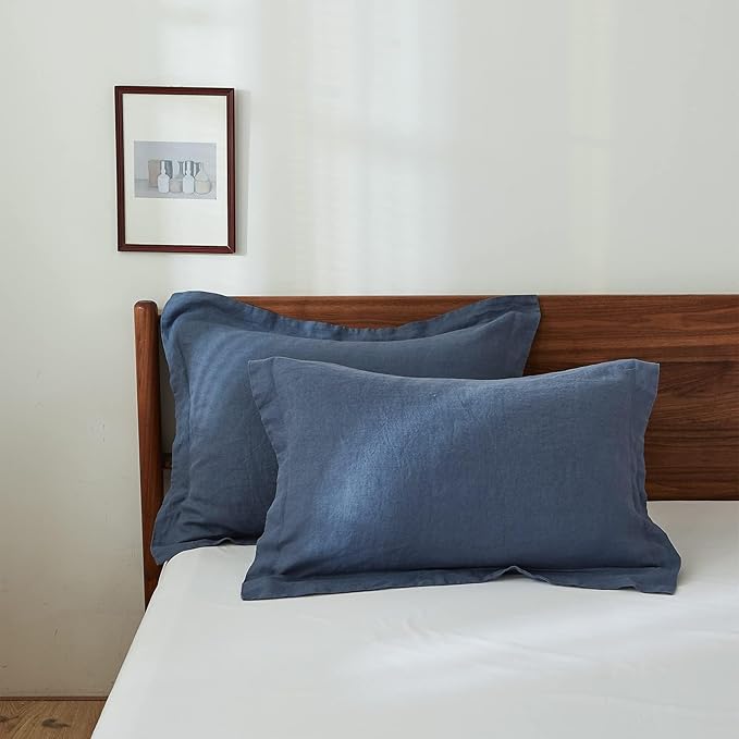 100% French Linen Pillow Shams Basic Style - Pack of 2 - Washed Solid Color Natural Flax Soft Breathable - Classic Blue, 20'' x 36''