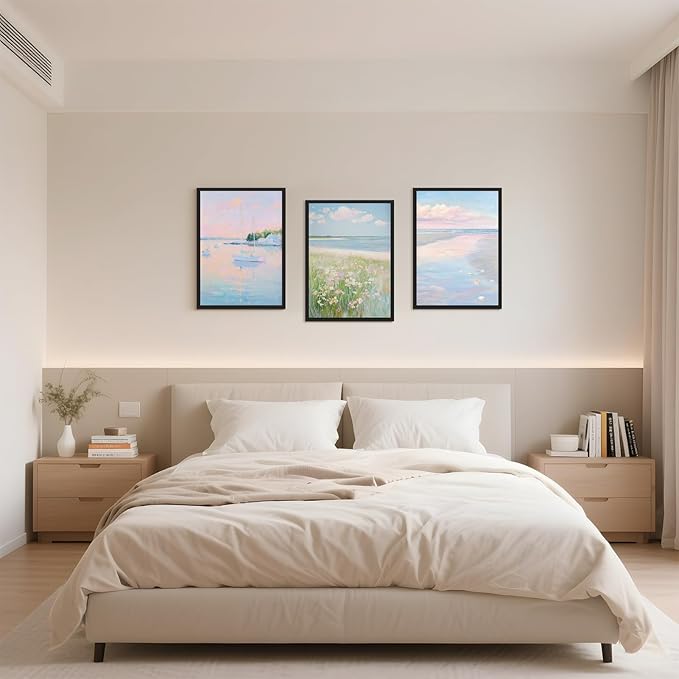 Coastal Pink Wall Art Set of 3 Maximalist Ocean & Beach Landscape Canvas Poster Trendy Sailboats Flowers Sunset Painting Pastel Picture Prints for Bedroom Home Decor 16x24inch Black Framed