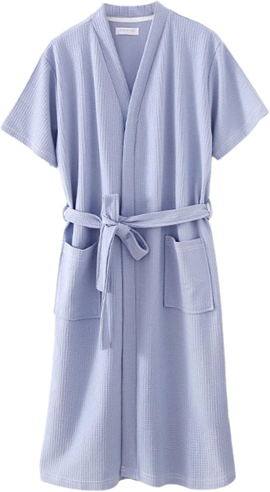 Waffle Bathrobe for Women Men, 3/4 Sleeve/Short Sleeve Kimono Robes, 100% Cotton, Lightweight, Soft Absorbent & Quick Dry