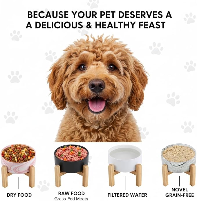 Elevated/Raised Ceramic Dog Bowl with Bamboo Stand,Marble Pattern 6 Inch 3.6 Cups Non Slip Heavy Weighted Single Pet Dish, for Small Medium Breed & Cats,Reduces Neck Strain Marble Pink