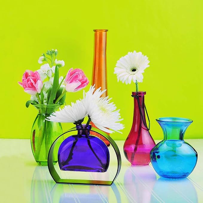 Couronne Co. Fiji Recycled Glass Flower Vase with Arched Metal Stand, Removable Vessel for Floral Arrangements, Decorative Table Centerpiece for Home, Kitchen, Coffee Table or Desk Decor, 6 oz