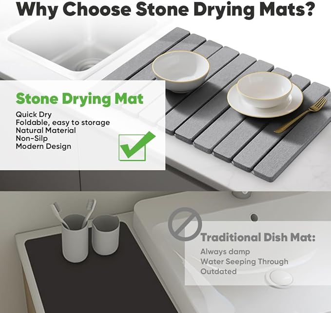 Stone Drying Mat for Kitchen Counter, Quick Diatomaceous Earth Mats for Dishes, 24"L x 16" W Super Absorbent Fast-Drying Collapsible Countertop Stone Mat (Light Grey, 24" x 16")