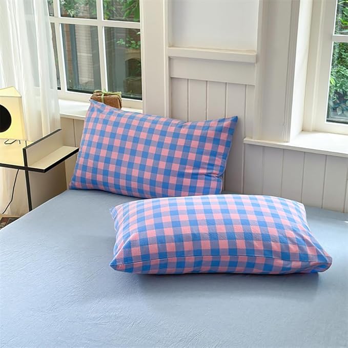 FACE TWO FACE Bedding Duvet Cover Set100% Washed Cotton Duvet Cover Linen Like Textured Breathable Durable Soft Comfy (King, Blue Purple Grid)