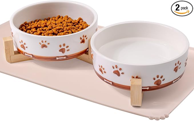 Dog Bowls with Wood Stand, 1.7 Cups Ceramic Puppy Bowls with Mat for Small Dog Weighted Water and Food Bowl Set for Dogs Cats, Non-Slip Pet Feeding Dish 13.5 Oz