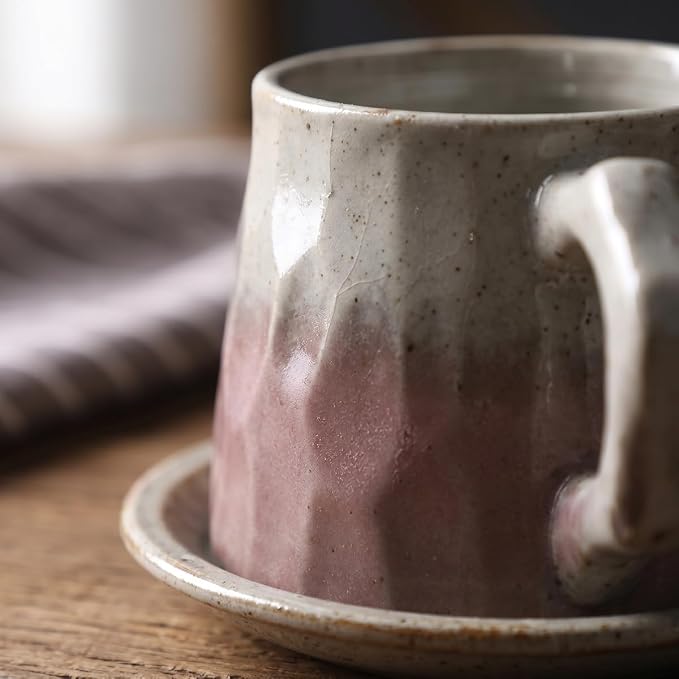 Vintage Faceted Speckled Ceramic Coffee Mug with Saucer, Rustic Stoneware Cup for Tea Latte (YF-CS02)