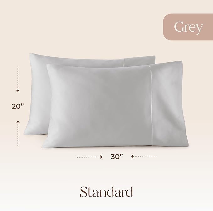 100% Organic Cotton Pillow Cases Standard Size Set of 2-100% Cotton Pillowcases GOTS Certified 500 Thread Count - Naturally Cooling Comfortable Breathable & Soft Pillow Cases (Grey, Standard)