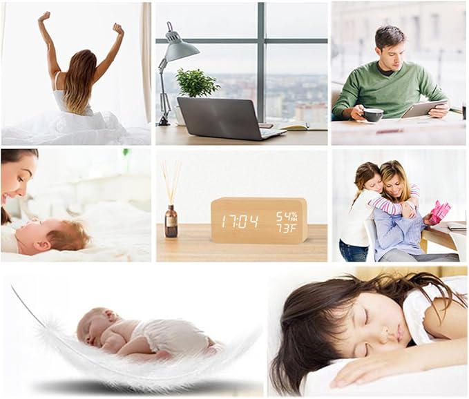 Alarm Clock Modern Wood Digital Clock Snooze LED Desk Clock Display Time Temperature Humidity Brightness Adjustable for Home Kids Bedroom Office(Beige)