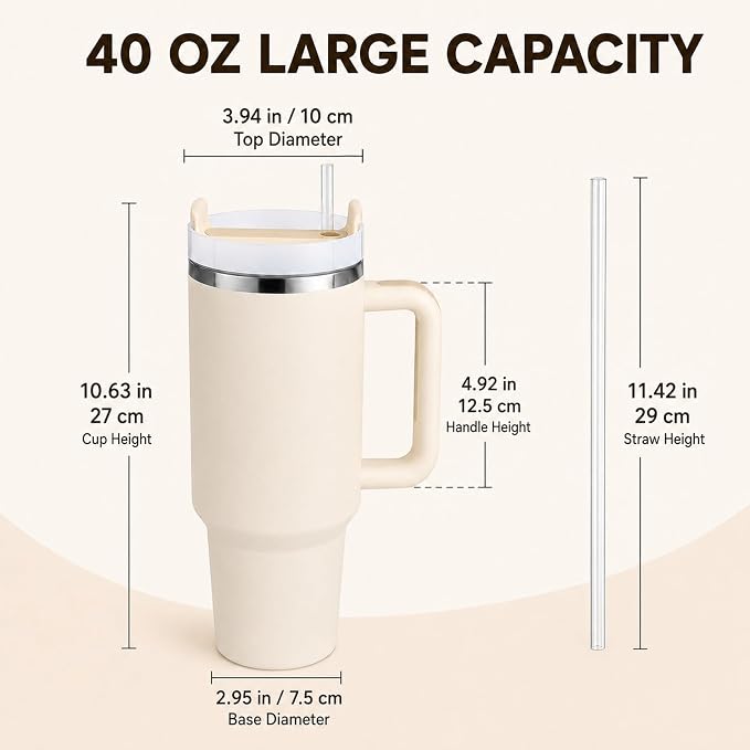 Pandance 4 Pack 40 oz Tumbler with Handle and Straw Bulk, Cream | Stainless Steel Vacuum Insulated Travel Mug, Sturdy Screw-on lid, Cup Holder Friendly, Large Capacity Cup For Iced Coffee