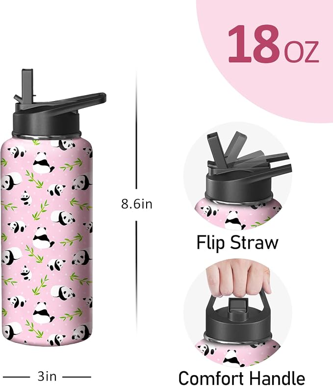18oz Pink Panda Water Bottle with Handle and Flip Straw, Sports Stainless Steel Insulated Cup Travel Coffee Mug Tumbler, Birthday Mothers Day Chritmas Gifts for Women