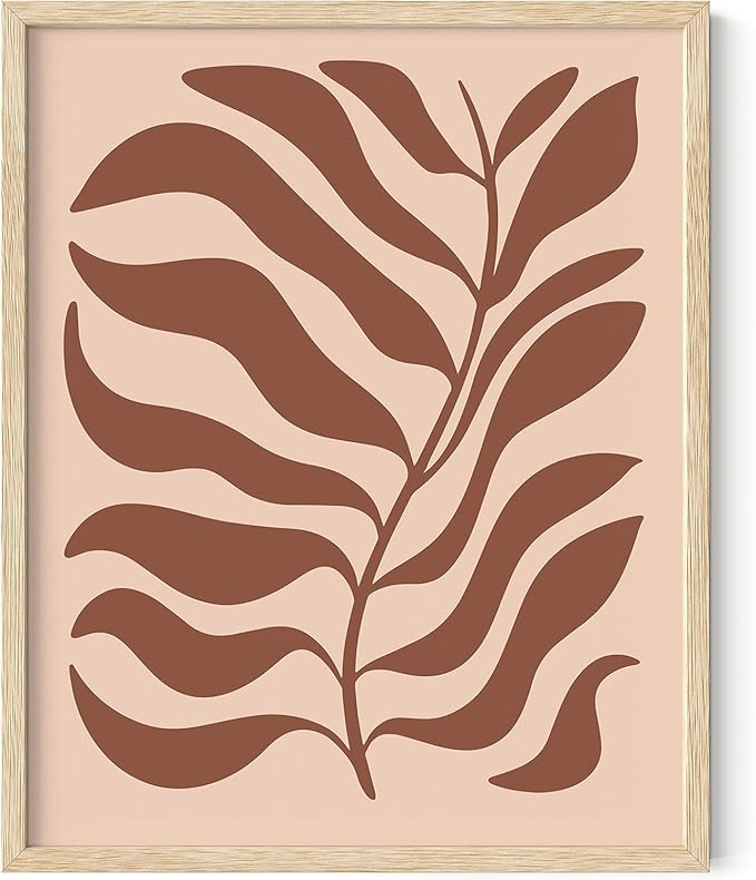 Abstract Organic Leaf Silhouette Wall Art Botanical Shapes Earth Tones Terracotta Mid Century Modern 16x20 Inch Oak Wood Beige Framed Minimalist Print for Bedroom Decor