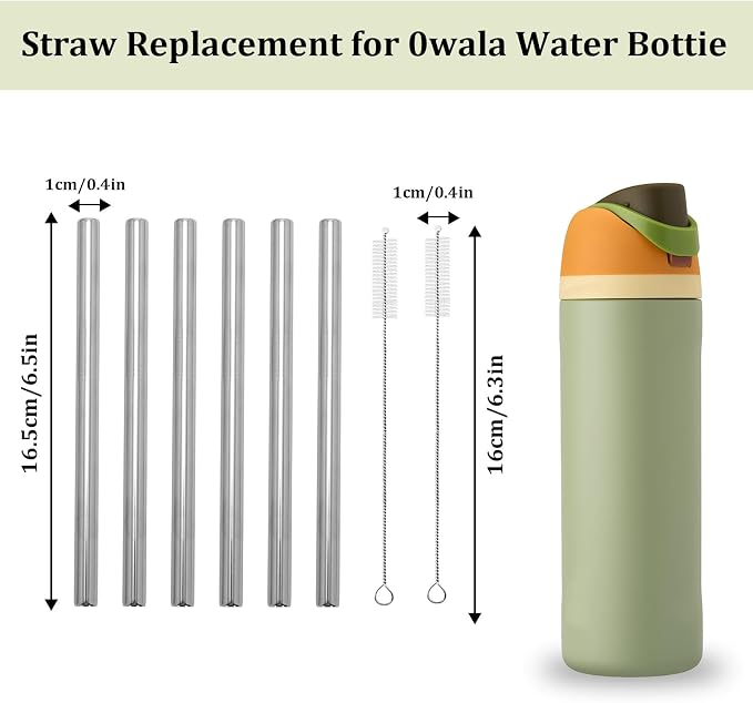 6pcs Stainless Steel Straw Replacement for 16oz Water Bottle, Includes 2 Cleaning Brushes, Reusable and BPA-Free Metal Straws