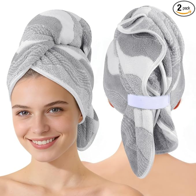 SUNLAND Microfiber Hair Towels Anti Frizz Hair Drying Towel Super Absorbent Fast Drying Turbans for Wet Curly Hair Soft Hair Towel Wrap with Elastic Band for All Hair Types 40 X 20 inches 2Pack