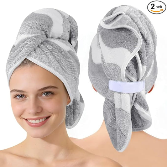 SUNLAND Microfiber Hair Towels Anti Frizz Hair Drying Towel Super Absorbent Fast Drying Turbans for Wet Curly Hair Soft Hair Towel Wrap with Elastic Band for All Hair Types 40 X 20 inches 2Pack