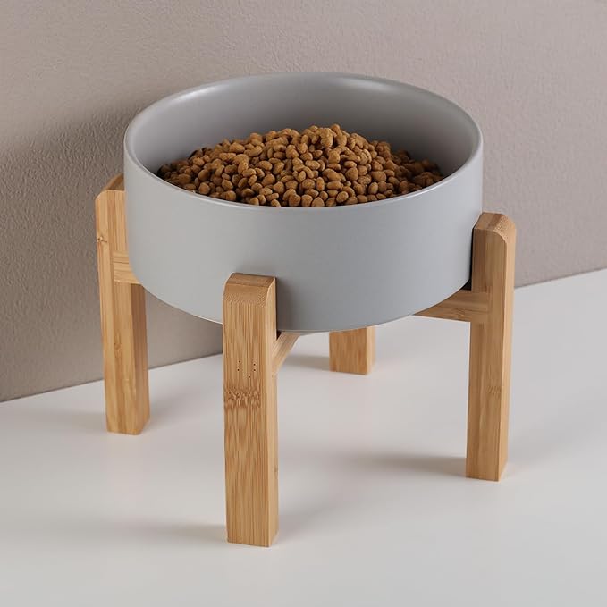Grey Raised/Elevated Ceramic Dog Bowl for Medium Large Sized Breeds,Large Dog Food Water Bowl with Stand,8 in Non Slip Heavy Weighted 1800ml/ 7.6 Cups/60 OZ