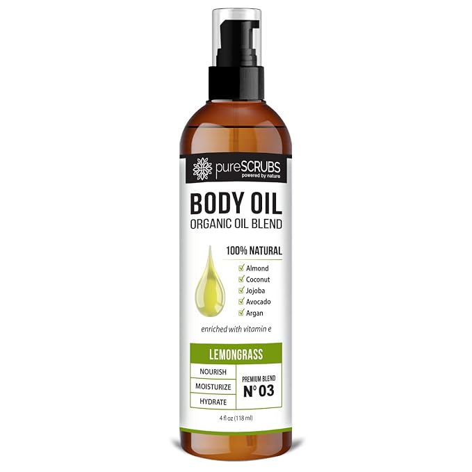 pureSCRUBS Ultra Moisturizing Lemongrass Body Oil for Dry Skin, 4 oz | Luxurious After Shower Body Oil for Soft, Silky, Glowing Skin, Non-Greasy, Fast Absorbing & Hydrating Formula with Vitamin E