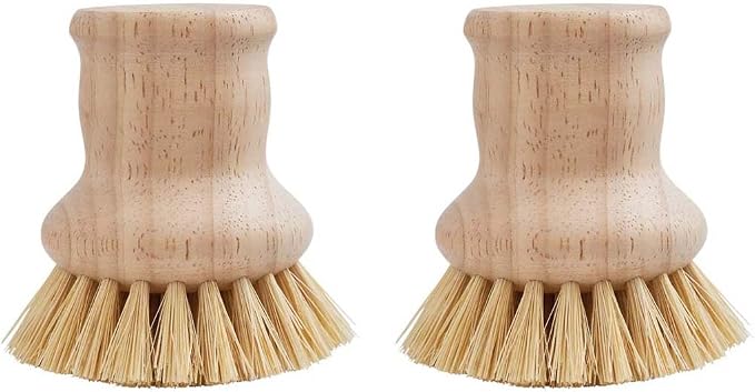 HIC Kitchen Natural Bristle Dish Pan Scrub Brush, Non-Scratch Natural Tampico Bristles with Wooden Handle, Set of 2