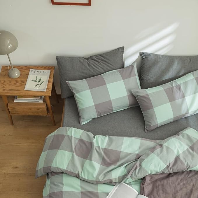 FACE TWO FACE Bedding Duvet Cover Set100% Washed Cotton Duvet Cover Linen Like Textured Breathable Durable Soft Comfy (King, Light Green Grid)