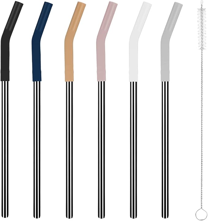 Tronco Set of 6 Stainless Steel Reusable Metal Straws with Silicone Flex Tips Elbows Cover, Metal Drinking Straws for Tronco Tumbler, 6 Steel Straws,6 Silicone Tips,1 Straw Cleaning Brush（Black)