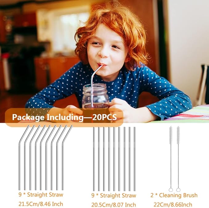 AOTWAN 20-Pack Reusable Stainless Steel Metal Straws, 9 Straight + 9 Bent 8.5'' Metal Straws for 20 oz Tumblers Dishwasher Safe with 2 Cleaning Brushes