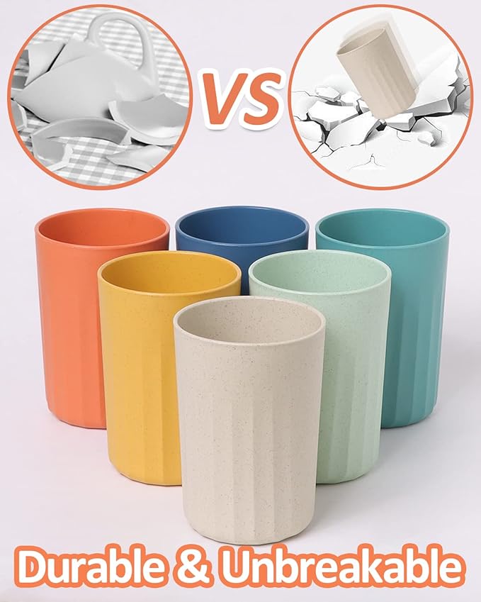 Wheat Straw Cups,10 OZ Plastic Cups Reusable Unbreakable Tumblers,Lightweight Camping Drinking Glasses for Adult,Dishwasher Safe Water Glasses with 6 Colors