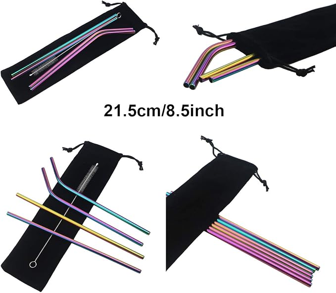 Metal Straws Stainless Steel Straws 8.5" Drinking Straws Reusable 4 Set - Ultra Long Muti Color-Cleaning Brush for 20/30 Oz for Trail Tumblers Yeti RTIC SIC Ozark (2 Straight|2 Bent|1 Brush）