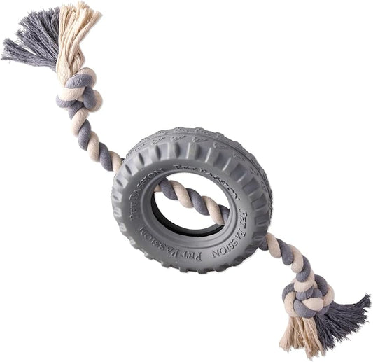 Pet Passion Natural Rubber Tire and Organic Cotton Rope Pull and Chew Dog Toy for All Pet Breeds, Gray, Small