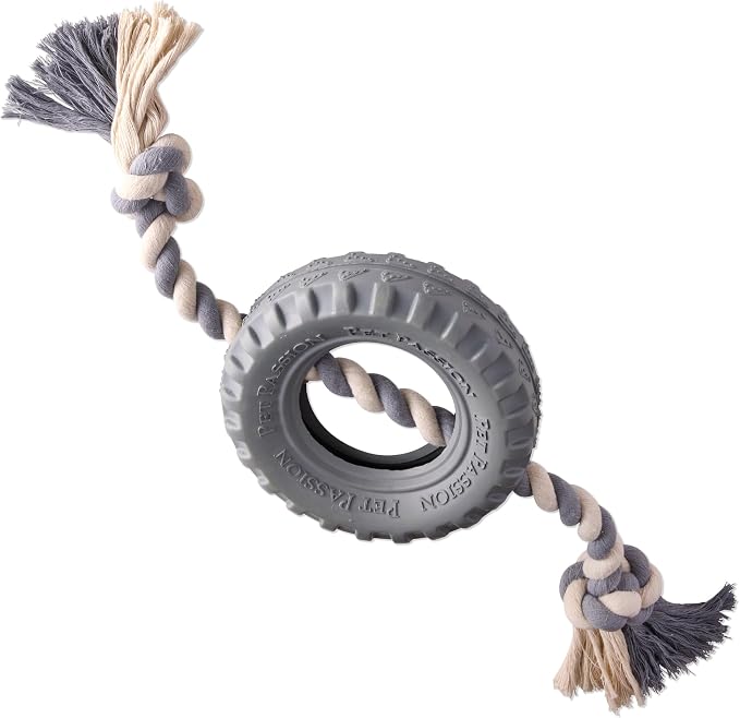 Pet Passion Natural Rubber Tire and Organic Cotton Rope Pull and Chew Dog Toy for All Pet Breeds, Gray, Medium