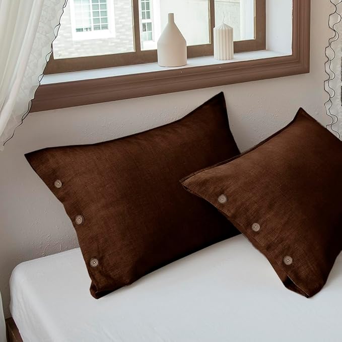 EVERLY 100% Linen Pillowcases Set of 2, French Linen from Normandy, 20X26Inch Standard Size, Natural Color, Coconut Buttons Closure, Flax Pillowshams-Pillowcase-Chocolate