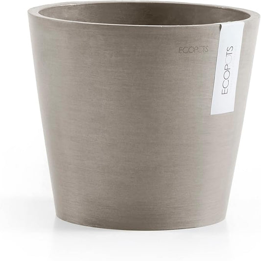Ecopots Amsterdam Durable Modern Round Indoor/Outdoor Recycled-Based Composite Flower Pot Planter w/Water Reservoir, Taupe, 8"