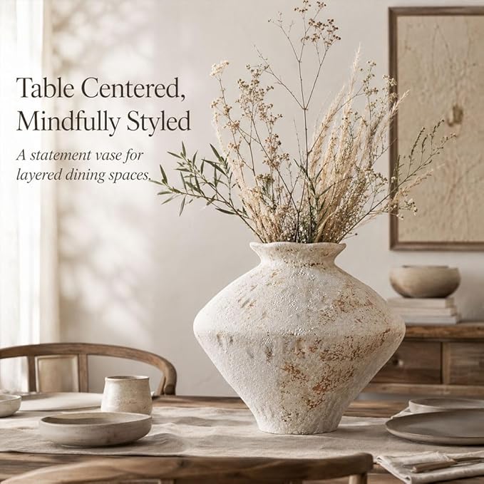 Wabi Sabi Rusty Vintage Vase, 11.4" Tall Wabi Sabi Decor Rustic Farmhouse Pottery Vase for Centerpiece, Textured Pottery Flower Vases for Home Decorative, Table, Living Room (White, Large)