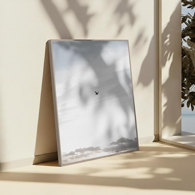 Monem Art Minimalist Bird in Sky Photography Print - Moody Nordic Landscape Art Poster - Wall Decor for Living Room, Bedroom or Office - 18x24 Silver Framed CANVAS Wall Art by Mareike Bohmer