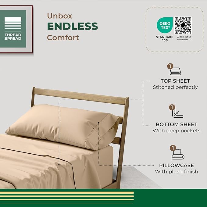 THREAD SPREAD 100% Organic Cotton Sheets Twin XL Size - 3 PC Organic Cotton Twin XL Size Percale Weave Sheet Set, Soft, Cooling, Crisp & Breathable, 16" Deep Pocket Bedding Set for Dorm Room - Taupe