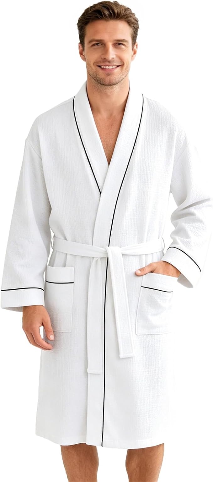 Inner Wish Men's Cotton Waffle Kimono Robe, Lightweight Soft Spa Shower Bathrobe, Hotel Lounge Robes for Men